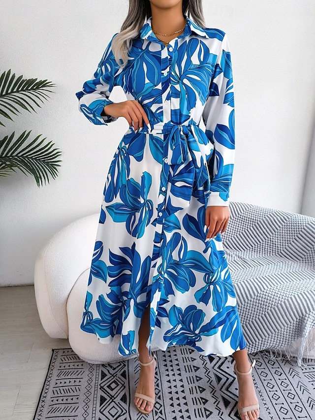  Damen Maxidress blusenkleid Casual kleid A Linie Kleid Stilvoll Brautkleider schlicht Urlaub Täglich Regular Fit Blumen Langarm Hemdkragen Blau Orange Frühling Herbst
