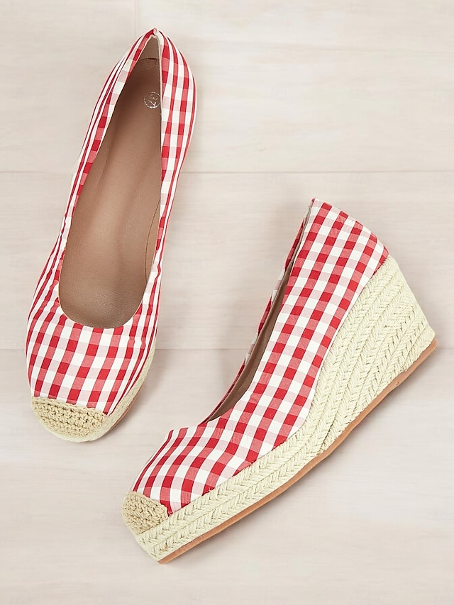  Women's Red Gingham Espadrille Wedge Heels with Crochet Toe Cap, Vintage Style Summer Shoes for Casual and Vacation Wear
