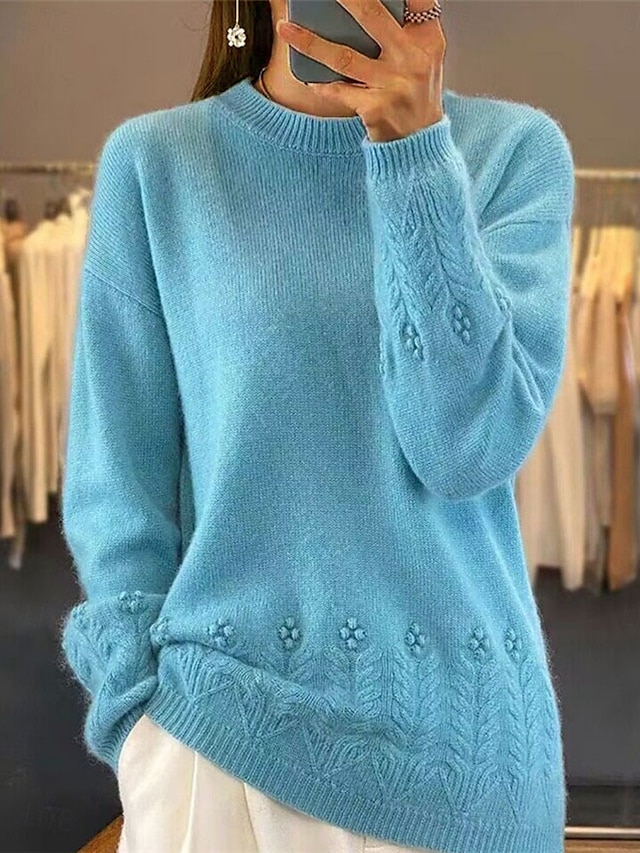  Women's Sweater Casual Soft Pure Color Ribbed Crew Neck Knitted Long Sleeve Regular Tops Knit Outdoor Daily Weekend Pink Blue Fall Winter