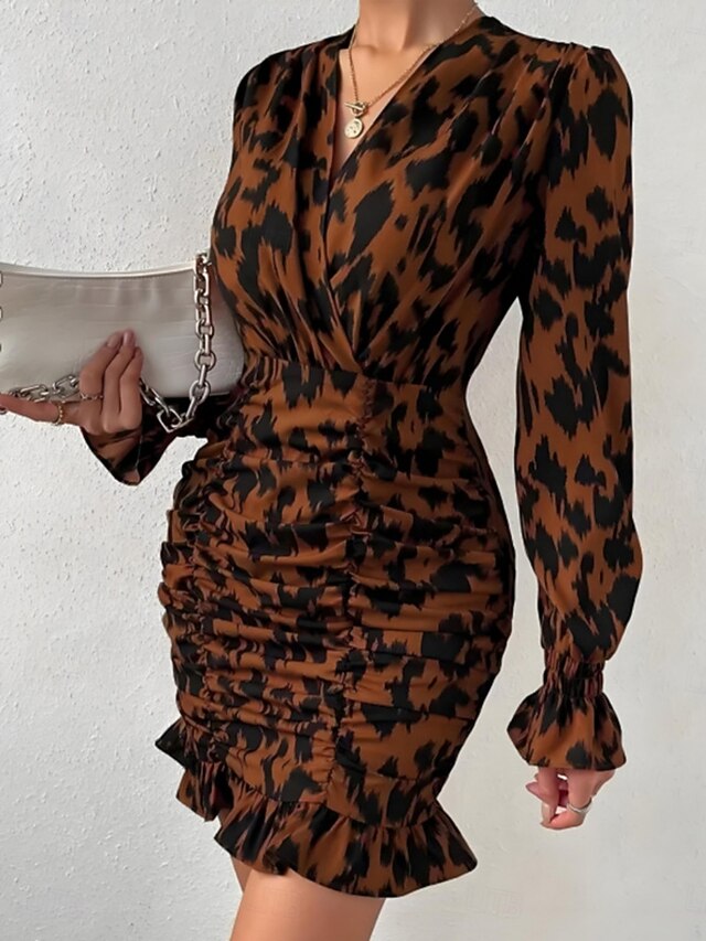 Women's Mini Dress Casual Dress Bodycon Stylish Casual Vacation Daily Regular Fit Floral Long Sleeve V Neck Brown Spring Fall4