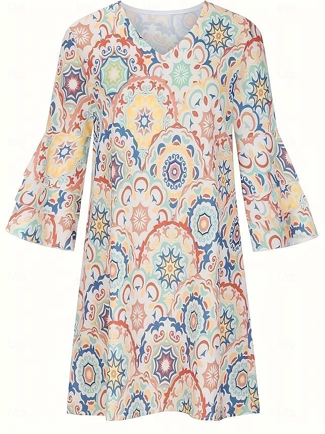 Casual slight stretch geometry batch printing lapel button mini dress