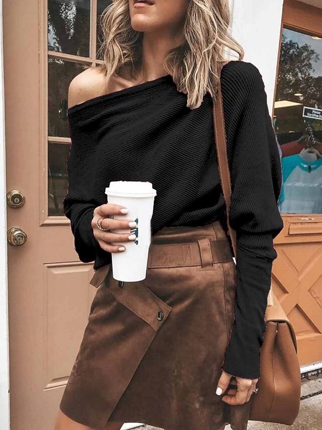 Women's T Shirt Plain Fashion Modern Casual Long Sleeve Batwing Sleeve One Shoulder Regular Tops Daily Weekend Black Khaki Gray Spring Fall4