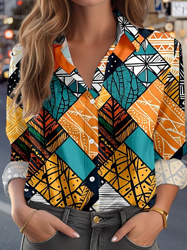  Per donna Camicia Blocco di colori Casual Manica Lunga Colletto a Camicia Top Regolari Quotidiano Ferie Bottoni Stampato Arancione Primavera Autunno Inverno