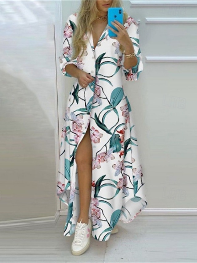  Damen kleid lang blusenkleid Casual kleid Blumenkleid Sommerkleid Stilvoll Brautkleider schlicht Urlaub Täglich Verabredung Regular Fit Blumen Langarm Kargen Rosa Marineblau Sommer Frühling