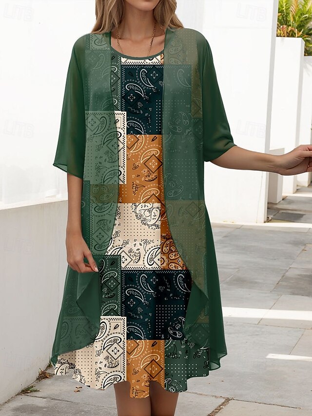  Women's Graduation Dress Midi Dress Two Piece Dress Set Shift Dress Chiffon Dress Elegant Vintage Paisley Color Block Print Half Sleeve Crew Neck Daily Dark Green Summer Spring Loose Fit