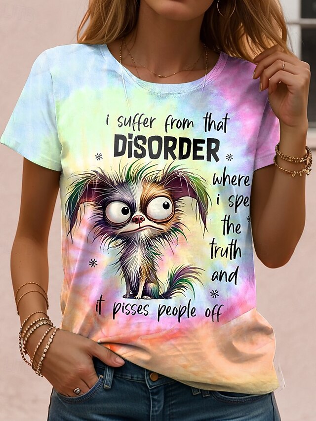 Women's T Shirt Animal Letter Casual Short Sleeve Round Neck Regular Tops Daily Print Pink Summer4