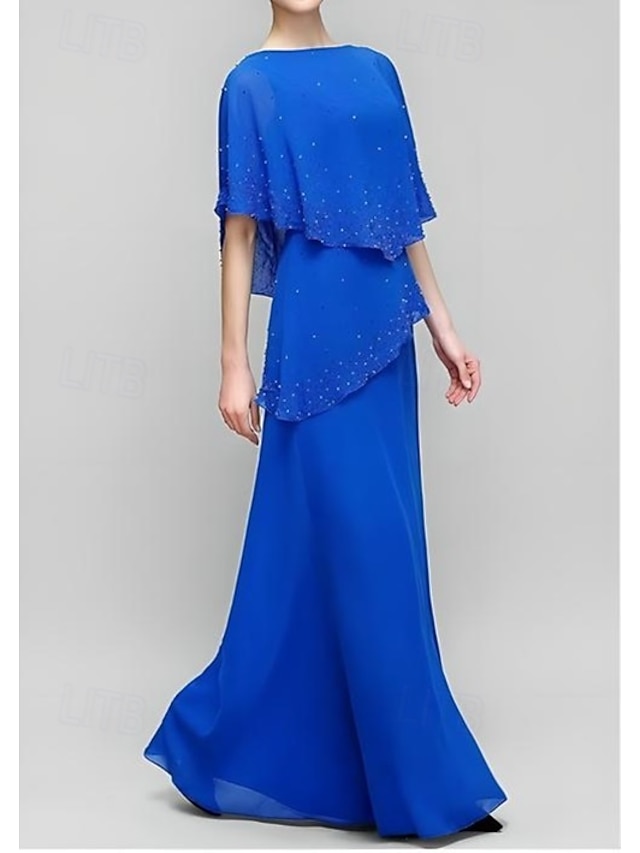  Abito A-Line Madre della Sposa Elegante Semplice Collo Giro Lunghezza Piena Chiffon Maniche Mezze con Ruches in Pizzo