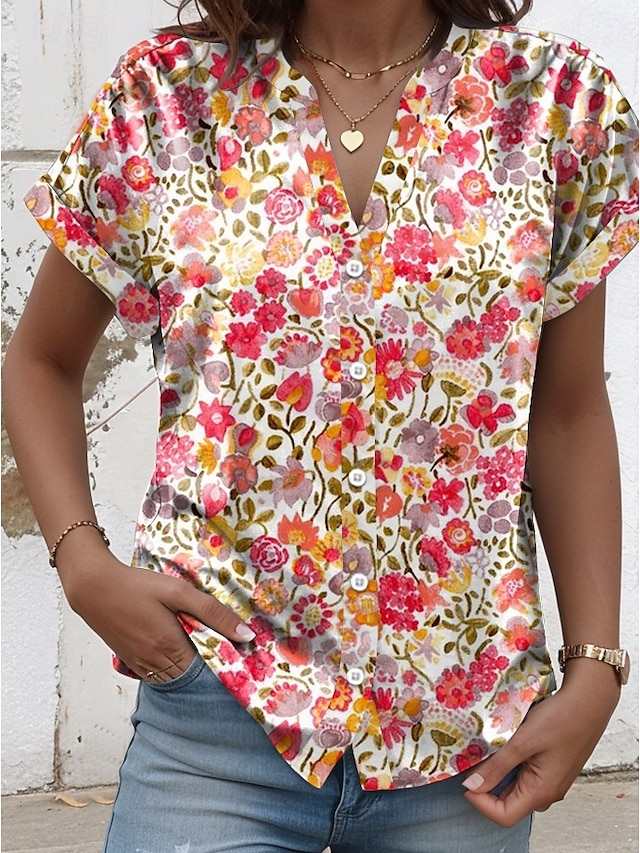  Cămașă pentru femei Floral Grafic Elegant Modern Casual Mâneci scurte Guler Decupat Cămașă Regulată Lucru Zilnic Buton Imprimare Roz Vară Primăvară
