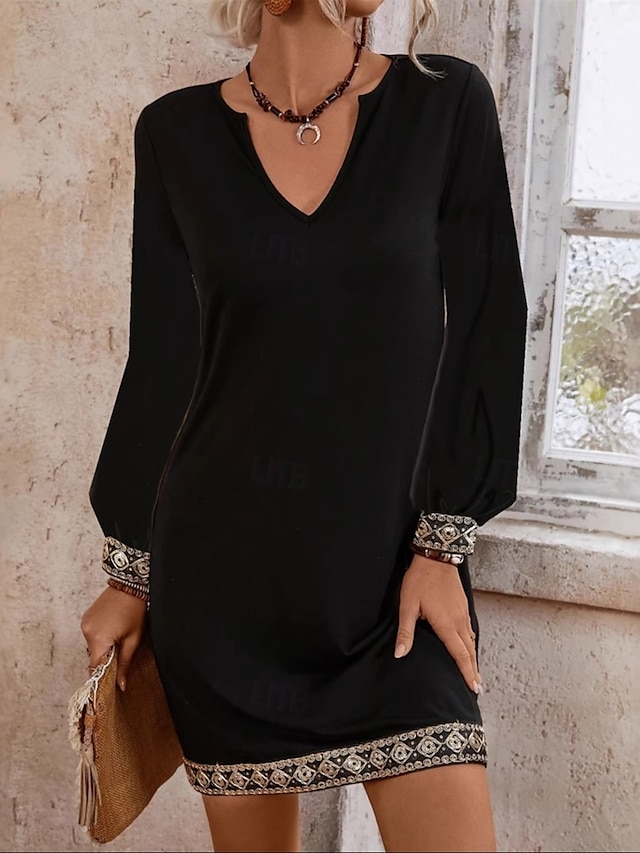  Femme robe longue Robe casual Robe Trapèze mode basique Décontractées Vacances Soirée robe demoiselle d honneur Standard Plein manche longue Col V Noir Eté Printemps