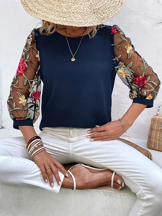  Dames Overhemd Blouse Bloemig Stijlvol Casual 3/4 mouw Strakke ronde hals Normale tops Dagelijks Netstof Geborduurd Afdrukken Zwart Marineblauw Zomer Lente
