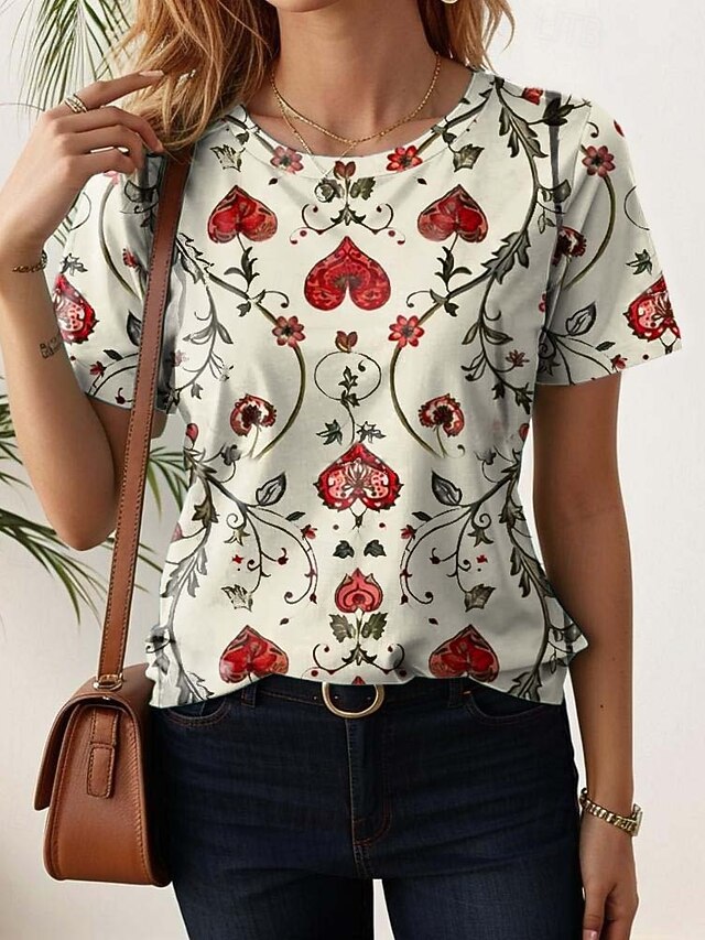 Women's T Shirt Floral Casual Short Sleeve Round Neck Regular Tops Daily Print off-white Summer4