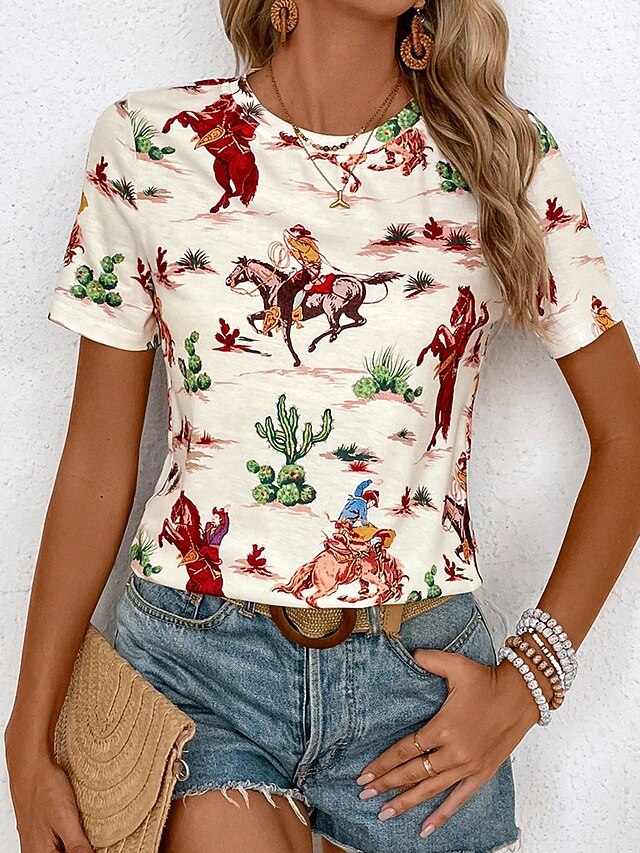 Women's T Shirt Horse Casual Short Sleeve Round Neck Regular Tops Daily Print off-white Summer4