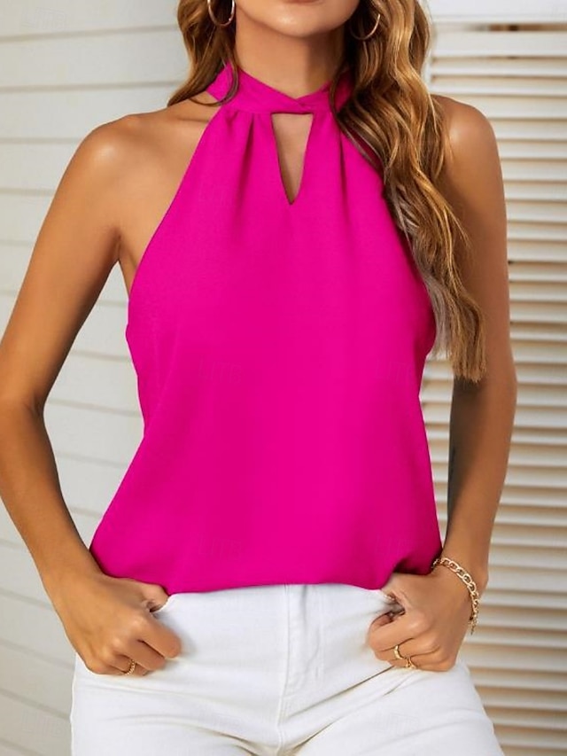  Camisola feminina regata cor sólida estilosa casual sem mangas decote halter tops regulares diários branca rosa fúcsia verão