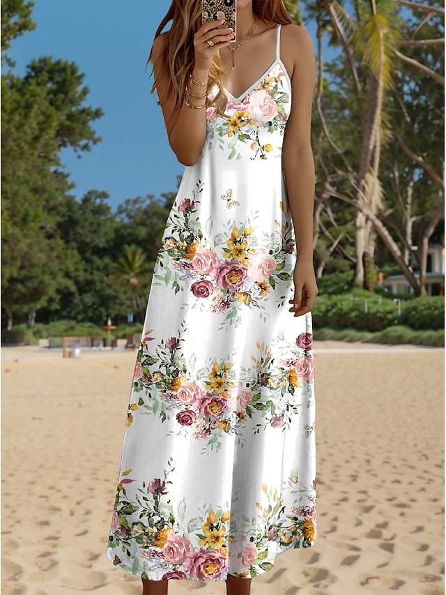  Robe maxi femme Robe décontractée Robe d'été Robe A Line Décontractée Fluide Vacances Quotidienne Ajustement régulier Imprimé floral Sans manches Col en V Noir Blanc Jaune Bleu Été Printemps Automne