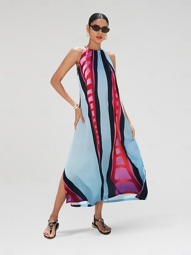 Loose Sleeveless Colorful Striped Halter-Neck Maxi Dresses main image 1