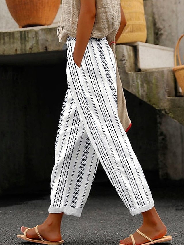  Per donna Pantaloni in cotone e lino Pantaloni Leggero Casual Lunghezza intera Vita media A righe Tasca Coulisse Traspirabilità Confortevole Inelastico Casual Quotidiano Weekend Blu viola Bianco