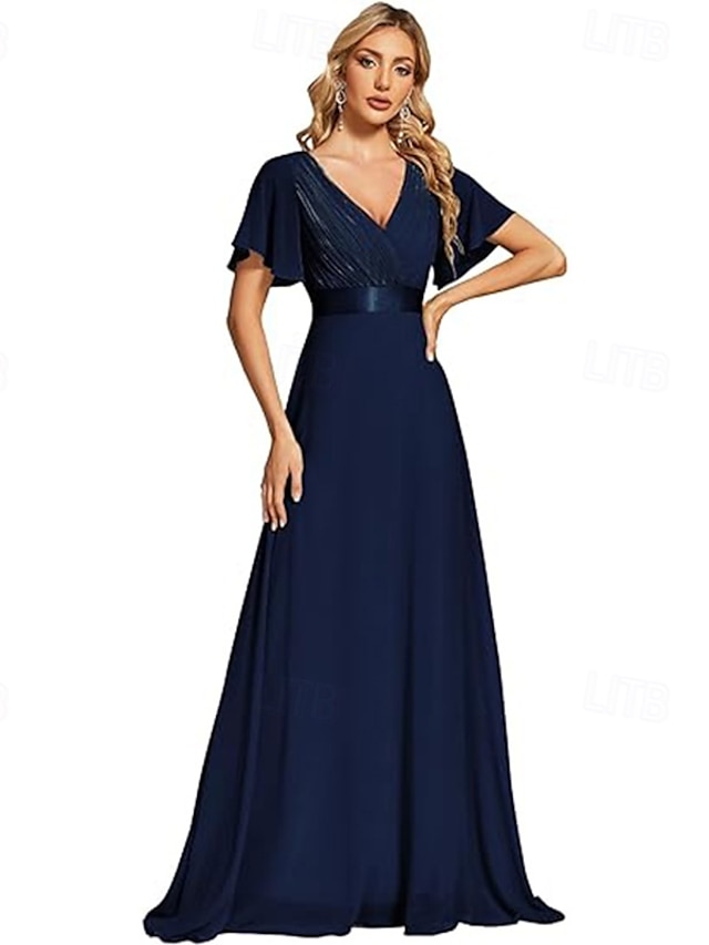  A-Linie Brautjungfernkleid V-Ausschnitt Kurzarm Elegant Bodenlang Chiffon mit Schlitz vorne