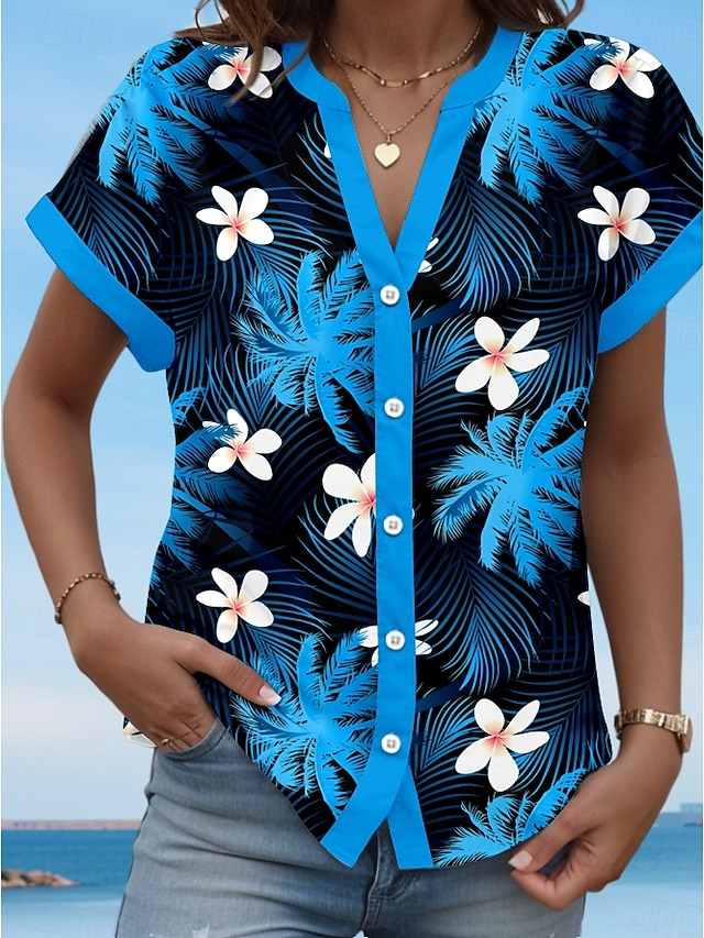  Cămașă pentru femei florală grafică stilată plajă cămașă cu mânecă scurtă guler bluze regulate butoane print albastru primăvară-toamnă