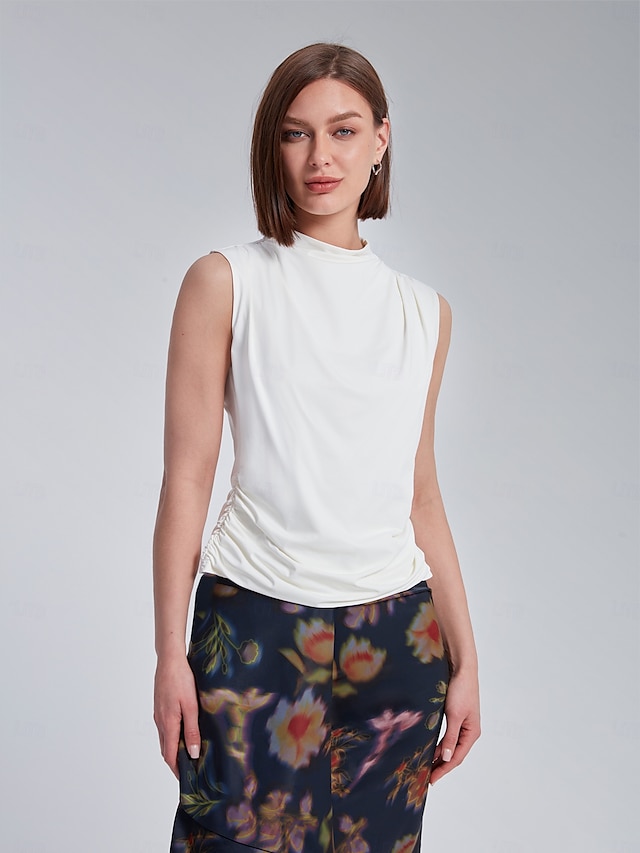  Per donna Tinta unica Vacanza Ufficio Lavoro Senza maniche Nero Bianco Arricciato A lupetto Senza Maniche Elegante Casual Quotidiano Collo Alto Estate Primavera