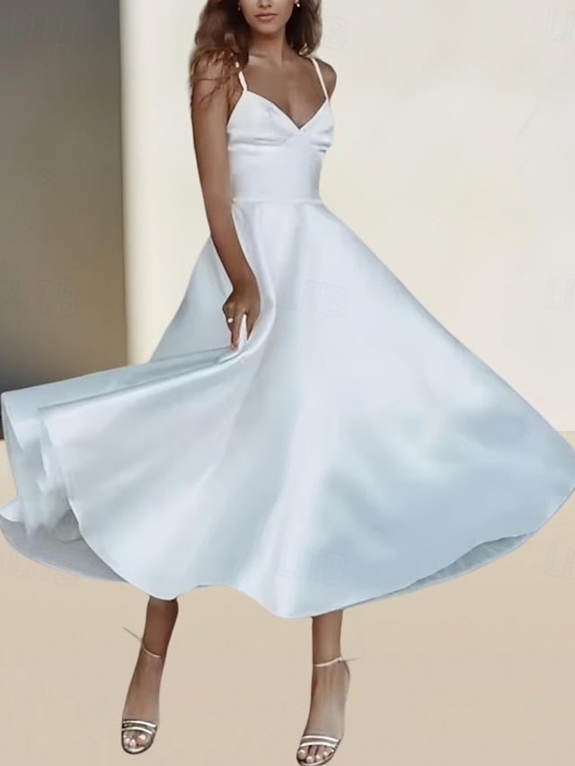  Abiti bianchi per fidanzamento o laurea abiti da matrimonio A-Line spalline sottili senza maniche lunghezza alla caviglia abiti da sposa in raso con arricciature