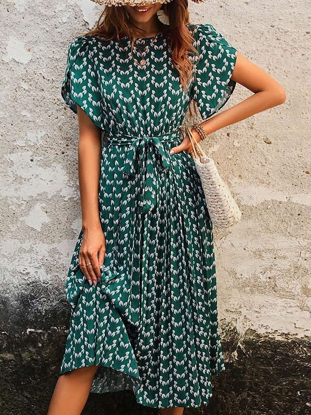  Femme Robe mi-longue Robe casual Robe Trapèze mode Décontractées Vacances du quotidien Standard Floral Manche Courte Col V Vert foncé Eté