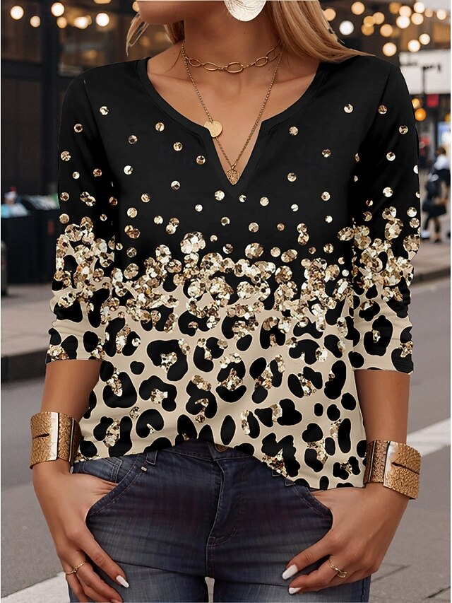 Women's T Shirt Leopard Casual Long Sleeve Notched Neck Regular Tops Daily Print Gold Spring Fall4