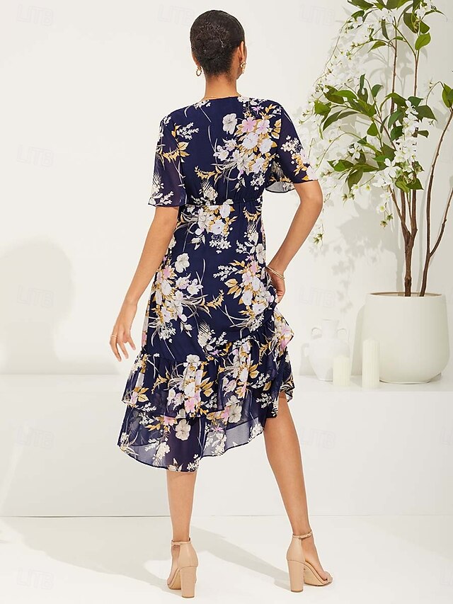V-neck Long Sleeves Chiffon Tea-length Dress Ocean Blue