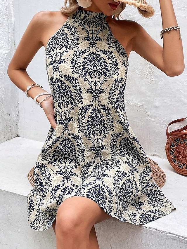  Damen Minikleid Casual kleid Sommerkleid Boho-Kleid Elegant Hawaiianisch Stilvoll Urlaub Täglich Verabredung Regular Fit Blumen Ärmellos Halfterhals Khaki Sommer