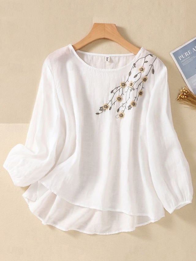  Damen Hemd Leinen-inspirierte Hemden Bluse Blumen Stilvoll Lässig Langarm Rundhalsausschnitt Normale Oberteile Täglich Bestickt Weiß Armeegrün Rote Blau Sommer Frühling Herbst