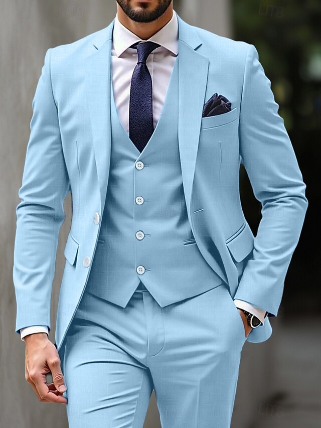 Costume Homme 3 Pièces Mariage Affaires – Veste 2 Boutons Élastiquée, Gilet & Pantalon Couleur Unie Élégant