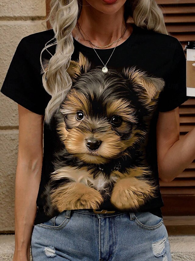  Dam T-shirt Hund Ledigt Kortärmad Rund hals Vanliga toppar Dagligen Mönster Svart Sommar