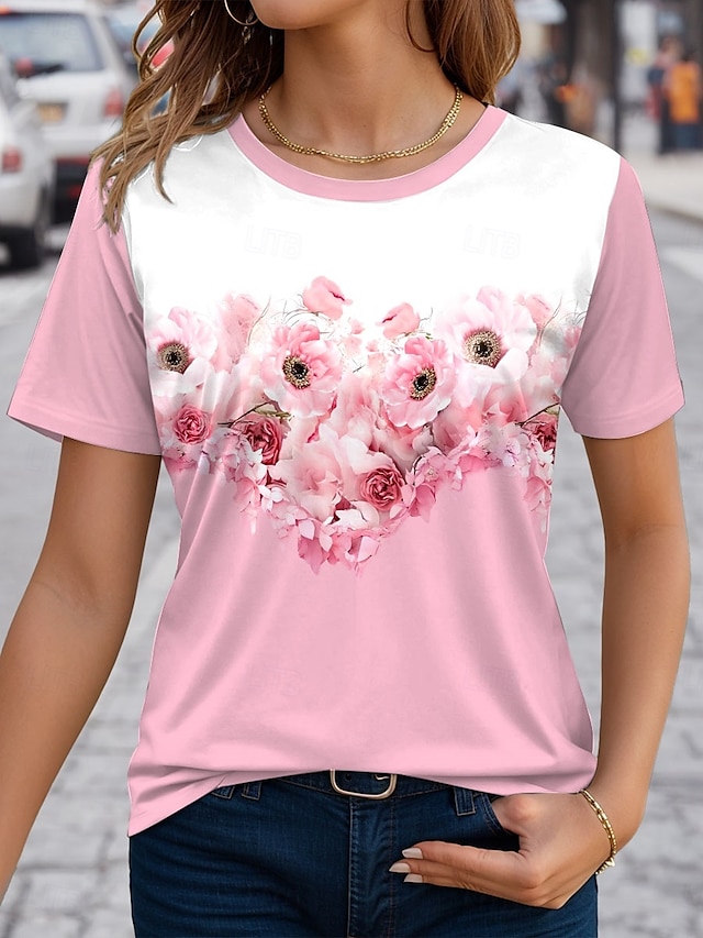 Women's T Shirt Casual Floral Regular Tops Short Sleeve Round Neck