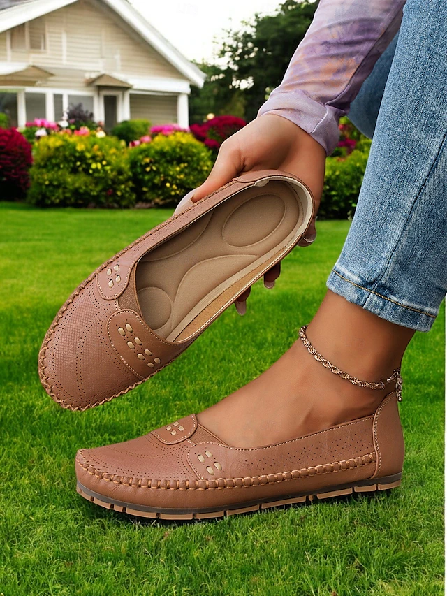 Women's Comfortable Brown Faux Leather Slip-On Loafers with Stitching Detail for Everyday Wear 26