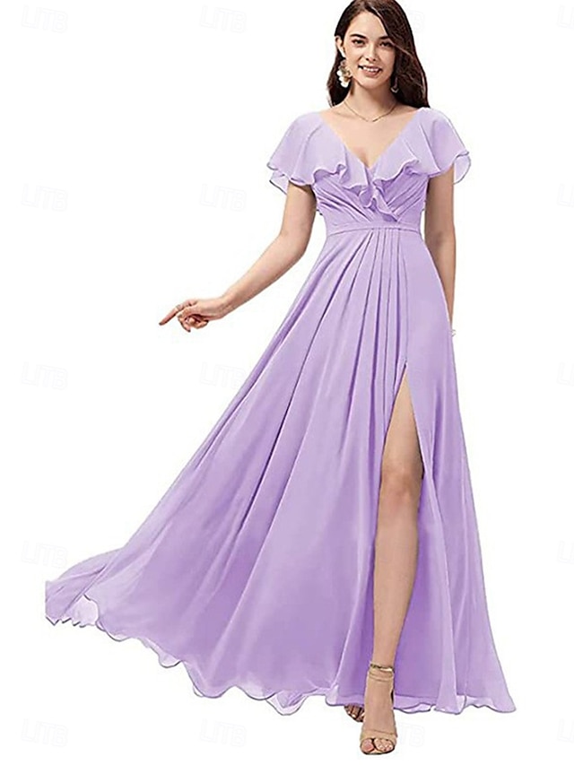  A-Line Bridesmaid Dress V Neck Short Sleeve Elegant Floor Length Chiffon with Split Front 2022