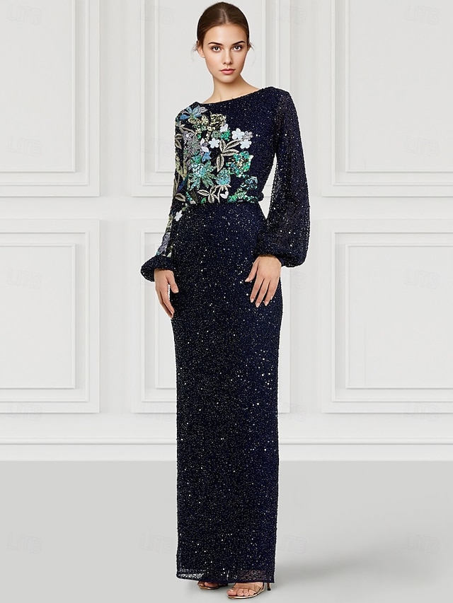  Tubino / Colonna Abito da Sera Elegante Vestito Formale Matrimonio Lunghezza al pavimento Manica Lunga Collo gioiello Con Paillettes con Glitter Spacco Ricamo 2025