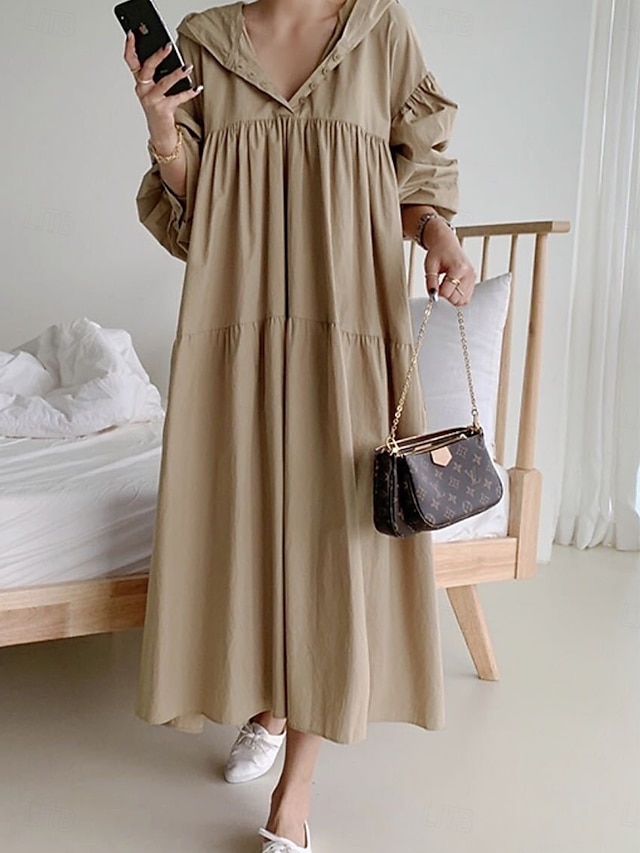  Damen Maxikleid Leinen-inspirierte Kleider Hemdblusenkleid Basic Lässig Urlaub Täglich Normale Passform Einfach Langarm Mit Kapuze Schwarz Khaki Frühling Herbst