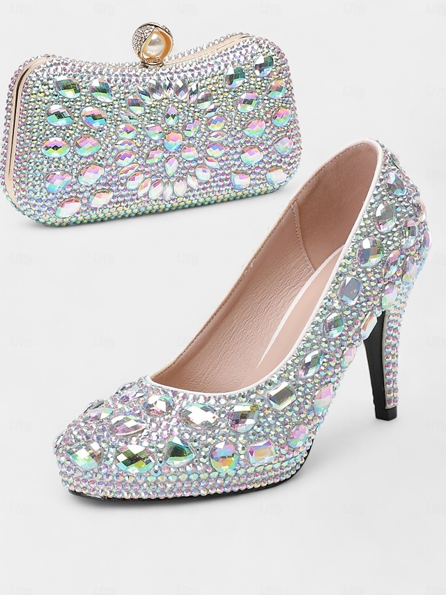  talons aiguilles ornés de cristaux dorés avec pochette assortie – ensemble de soirée et de mariage élégant pour femme