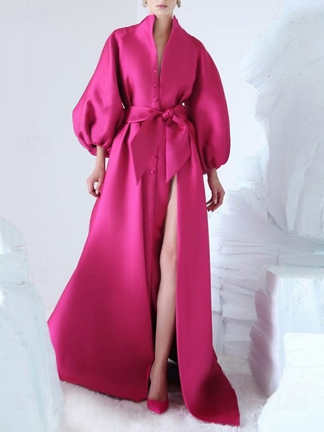  Rosa Siden A-Line Kvällen Klänning Elegant Klänning Formell Asymmetrisk Lång Ärm Ståkrage Ficka med Båge(r) Fickor Klänningar
