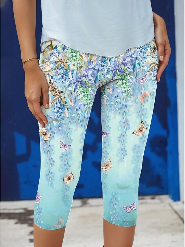 Women's Leggings Capri Pants High Elasticity Fashion Streetwear Full Length High Waist Floral Printing Thermal Warm Breathable Soft  Outdoor Daily Blue Fall Winter Regular Fit4
