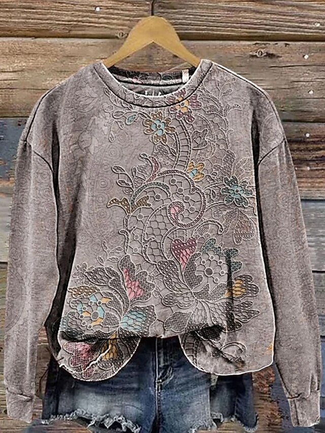 Women's Hoodies Floral Casual Long Sleeve Round Neck Regular Tops Work Dailywear Casual Print Gray Fall Winter4