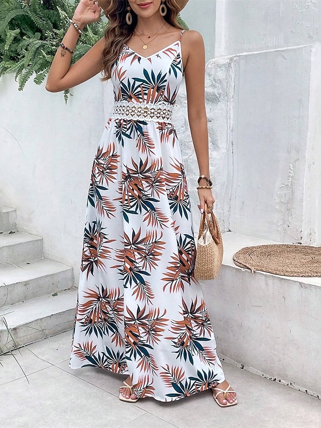  Pentru femei Rochie Maxi Rochie A line Rochie florala Rochie de vară Rochie cami Elegant Stilat Vacanță Zilnic Dată Fit regulat Floral Fără manșon În V Alb Vară