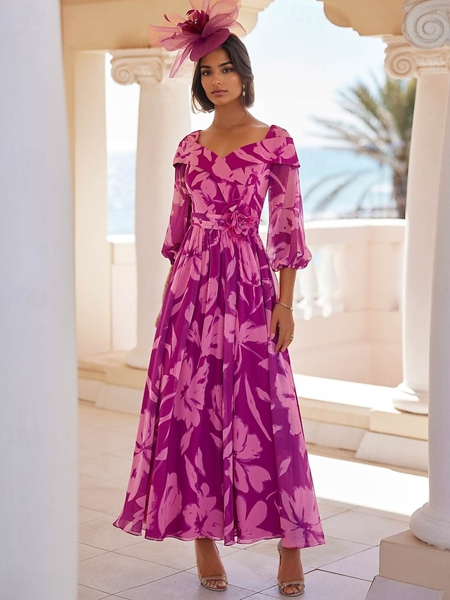  Abito per la madre della sposa a-line elegante collo a gioiello floor lunghezza chiffon maniche lunghe con applicazioni abito per giornata delle corse abito da ospite per matrimonio
