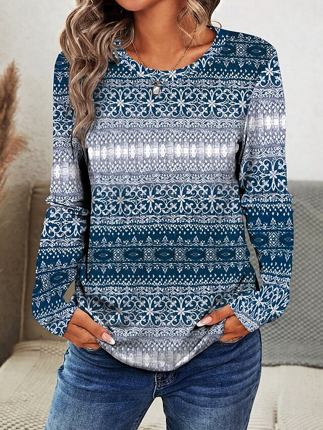 Women's T shirt Crew Neck Long Sleeve Tunic Graphic Geometric Casual  Regular Tops Daily Print Dusty Blue Spring Fall4