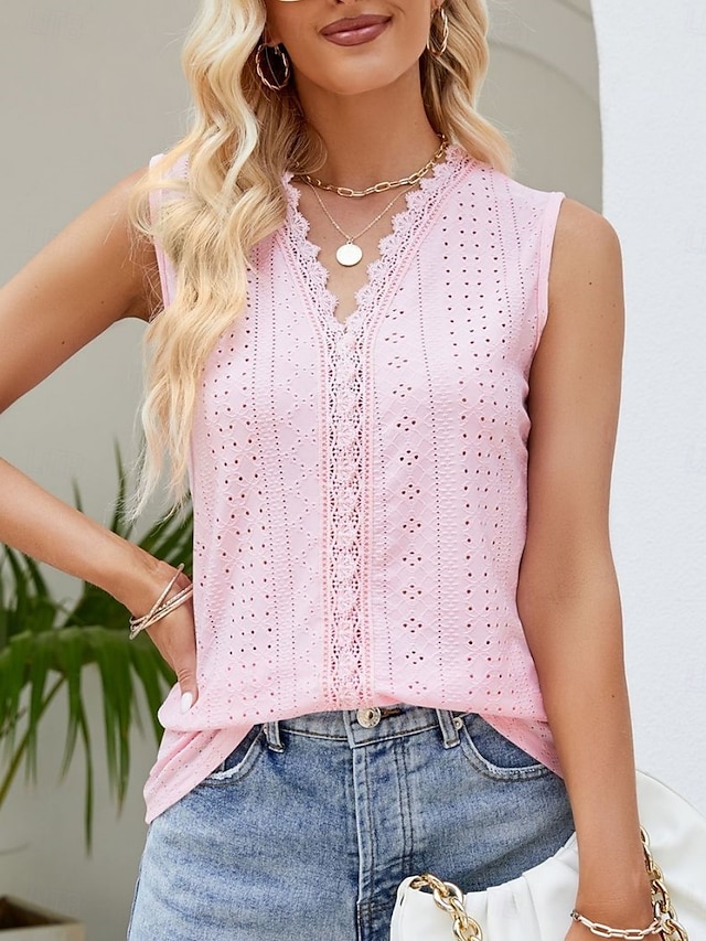  Débardeur femme à bretelles fines uni stylé décontracté sans manches col en V hauts réguliers quotidienne dentelle œillet blanc rose été
