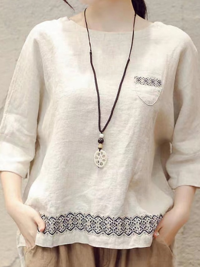 Damen Hemd Bluse Baumwoll-Leinen-Hemden Geometrisch Basic Lässig Dreiviertelarm Rundhalsausschnitt Normale Oberteile Täglich Patchwork Weiß Braun Grün Sommer Frühling
