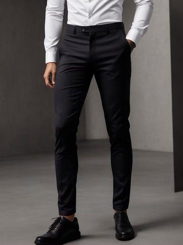  Men's Dress Pants Trousers Chinos Buttons Pocket Solid Color Comfort Ankle-Length Formal Party Work Fashion Classic Style Black Khaki Micro-elastic