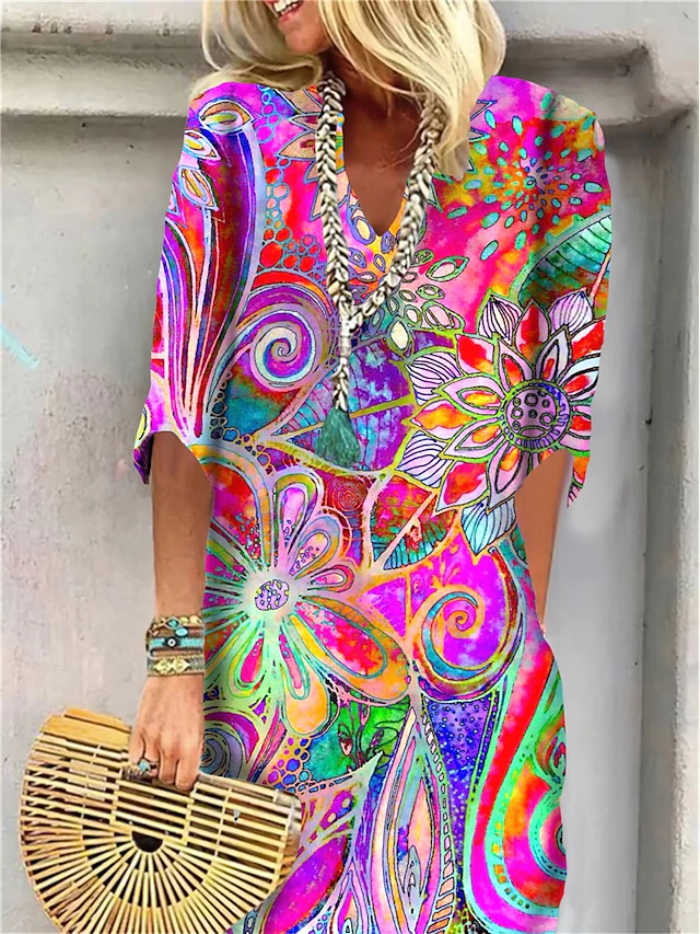 Women's Mini Dress T Shirt Dress Shift Dress Summer Dress Print Dress Active Fashion Streetwear Outdoor Vacation Work Regular Fit Floral Paisley Half Sleeve V Neck Red Blue 12