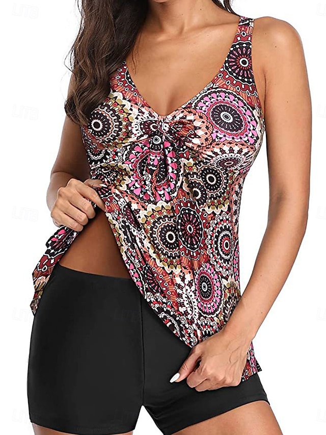 Dames Zwemkleding 2 stuks Jongen been Zwempak Blote rug Hoge taille Slank Vakantie Strand Kleding Grafisch V-hals Mouwloos Badpakken