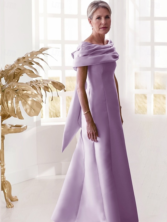  A-Linje Kveldsdrakt Elegant Kjole Formell Gulvlengde Uten Ermer Off Shoulder Sateng med Sløyfe(r) Folder