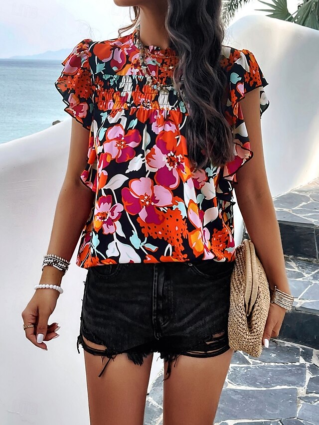  Women's Shirt Blouse Cotton Linen Shirts Floral Stylish Casual Short Sleeve Turtleneck Regular Tops Daily Ruffle Print Black Beige Summer
